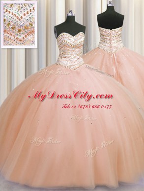 Attractive Bling-bling Really Puffy Peach Lace Up Quinceanera Gowns Beading Sleeveless Floor Length