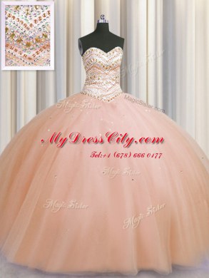 Attractive Bling-bling Really Puffy Peach Lace Up Quinceanera Gowns Beading Sleeveless Floor Length