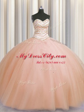 Attractive Bling-bling Really Puffy Peach Lace Up Quinceanera Gowns Beading Sleeveless Floor Length