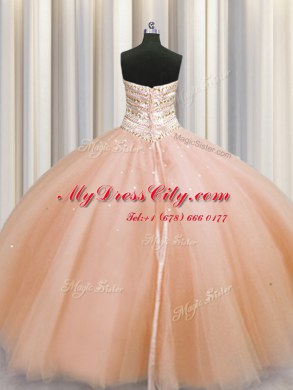 Attractive Bling-bling Really Puffy Peach Lace Up Quinceanera Gowns Beading Sleeveless Floor Length