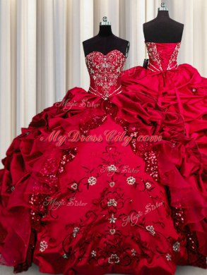 Enchanting Embroidery Sequins Red Sweetheart Neckline Beading and Appliques and Ruffles Ball Gown Prom Dress Sleeveless Lace Up