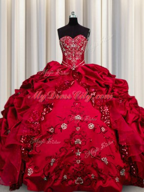 Enchanting Embroidery Sequins Red Sweetheart Neckline Beading and Appliques and Ruffles Ball Gown Prom Dress Sleeveless Lace Up