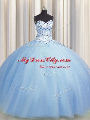 Designer Bling-bling Big Puffy Light Blue Tulle Lace Up Sweetheart Sleeveless Floor Length Quinceanera Dress Beading