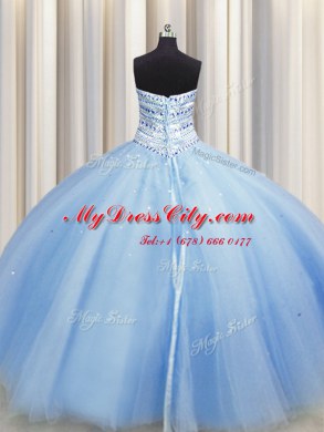 Designer Bling-bling Big Puffy Light Blue Tulle Lace Up Sweetheart Sleeveless Floor Length Quinceanera Dress Beading