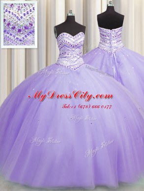 Glorious Bling-bling Puffy Skirt Floor Length Lavender Vestidos de Quinceanera Sweetheart Sleeveless Lace Up