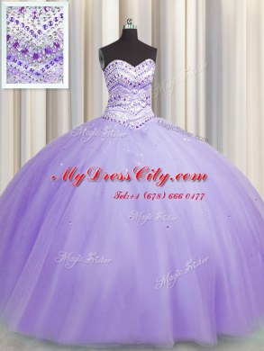 Glorious Bling-bling Puffy Skirt Floor Length Lavender Vestidos de Quinceanera Sweetheart Sleeveless Lace Up