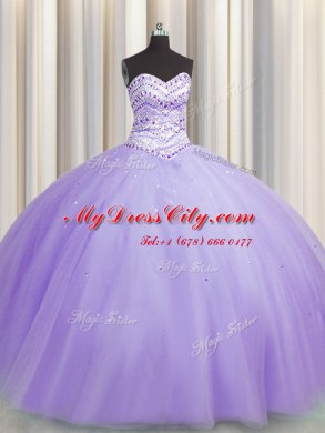 Glorious Bling-bling Puffy Skirt Floor Length Lavender Vestidos de Quinceanera Sweetheart Sleeveless Lace Up