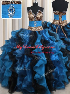 Exquisite Leopard Two Tone V-neck Sleeveless Organza and Printed Sweet 16 Dress Beading and Ruffles Lace Up