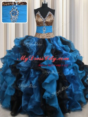 Exquisite Leopard Two Tone V-neck Sleeveless Organza and Printed Sweet 16 Dress Beading and Ruffles Lace Up