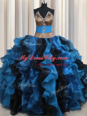 Exquisite Leopard Two Tone V-neck Sleeveless Organza and Printed Sweet 16 Dress Beading and Ruffles Lace Up