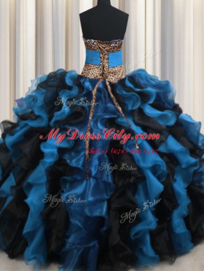 Exquisite Leopard Two Tone V-neck Sleeveless Organza and Printed Sweet 16 Dress Beading and Ruffles Lace Up