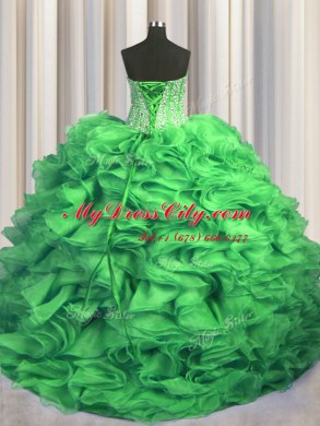 Visible Boning Bling-bling Sleeveless Sweep Train Beading and Ruffles With Train Sweet 16 Dresses