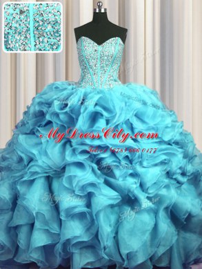 Unique Visible Boning Bling-bling Organza Sleeveless With Train Quince Ball Gowns Brush Train and Beading and Ruffles