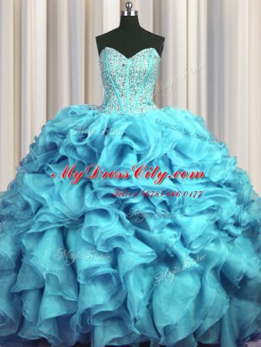 Unique Visible Boning Bling-bling Organza Sleeveless With Train Quince Ball Gowns Brush Train and Beading and Ruffles