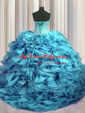 Unique Visible Boning Bling-bling Organza Sleeveless With Train Quince Ball Gowns Brush Train and Beading and Ruffles