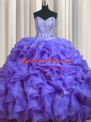 Bling-bling With Train Lace Up Quinceanera Dress Lavender for Military Ball and Sweet 16 and Quinceanera with Beading and Ruffles Brush Train