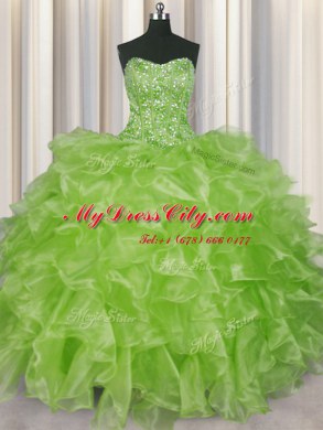 Noble Visible Boning Sleeveless Lace Up Floor Length Beading and Ruffles Vestidos de Quinceanera