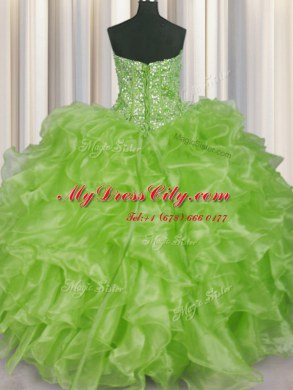 Noble Visible Boning Sleeveless Lace Up Floor Length Beading and Ruffles Vestidos de Quinceanera