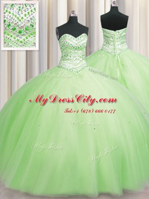 Bling-bling Big Puffy Yellow Green Ball Gowns Sweetheart Sleeveless Tulle Floor Length Lace Up Beading Quinceanera Gowns