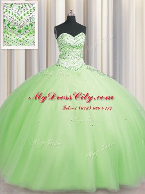 Bling-bling Big Puffy Yellow Green Ball Gowns Sweetheart Sleeveless Tulle Floor Length Lace Up Beading Quinceanera Gowns