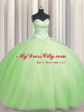 Bling-bling Big Puffy Yellow Green Ball Gowns Sweetheart Sleeveless Tulle Floor Length Lace Up Beading Quinceanera Gowns