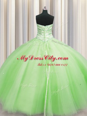 Bling-bling Big Puffy Yellow Green Ball Gowns Sweetheart Sleeveless Tulle Floor Length Lace Up Beading Quinceanera Gowns