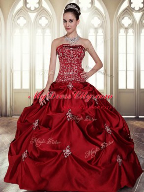 Fashionable Wine Red Ball Gowns Strapless Sleeveless Taffeta Floor Length Lace Up Embroidery and Pick Ups Sweet 16 Dress