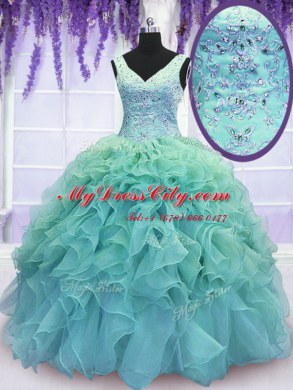 Blue Ball Gowns Beading and Embroidery and Ruffles Quinceanera Gown Lace Up Organza Sleeveless Floor Length