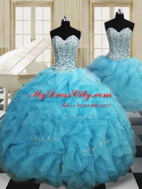 Three Piece Sweetheart Sleeveless Lace Up Sweet 16 Dresses Baby Blue Organza