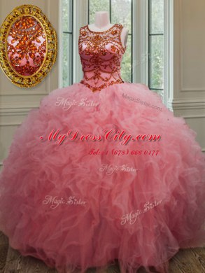 Scoop Sleeveless Lace Up Floor Length Beading and Ruffles 15 Quinceanera Dress