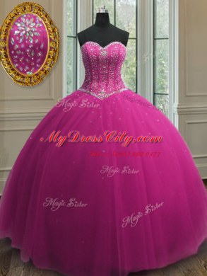 Sweet Sequins Floor Length Ball Gowns Sleeveless Fuchsia Ball Gown Prom Dress Lace Up