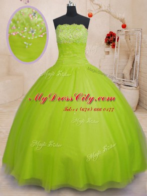 Fancy Floor Length Yellow Green Sweet 16 Dresses Strapless Sleeveless Lace Up