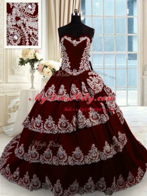 Sweetheart Sleeveless Taffeta Ball Gown Prom Dress Beading and Appliques and Ruffled Layers Court Train Lace Up