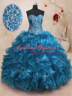 Blue Sweetheart Neckline Beading and Ruffles Quinceanera Dress Sleeveless Lace Up