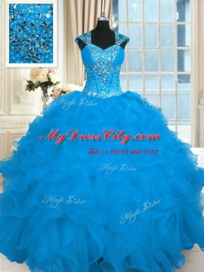 Organza Cap Sleeves Floor Length Sweet 16 Dress and Beading and Ruffles