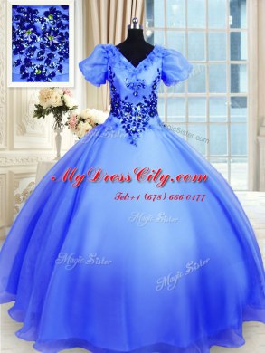 Blue Organza Lace Up Quinceanera Dresses Short Sleeves Floor Length Appliques