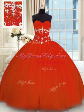 Floor Length Red Quinceanera Gown Tulle Sleeveless Appliques