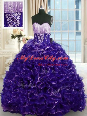 Purple Sleeveless Organza Brush Train Lace Up 15 Quinceanera Dress for Military Ball and Sweet 16 and Quinceanera