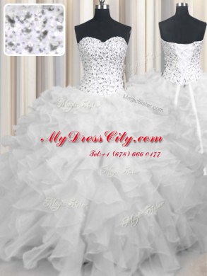 White Organza Lace Up Quinceanera Dresses Sleeveless Floor Length Beading and Ruffles