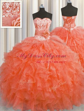 Handcrafted Flower Sweetheart Sleeveless Sweet 16 Quinceanera Dress Floor Length Beading and Ruffles and Hand Made Flower Red Organza