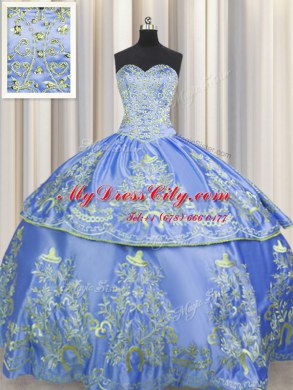 Sleeveless Floor Length Beading and Embroidery Lace Up Ball Gown Prom Dress with Blue