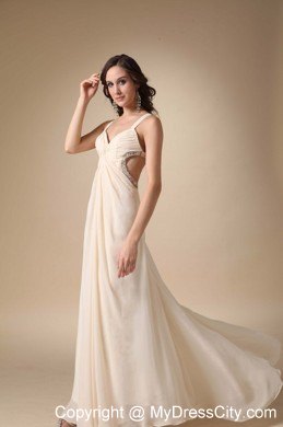 Straps Chiffon Beading Ruche Cut Out Waist Prom Dress