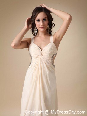 Straps Chiffon Beading Ruche Cut Out Waist Prom Dress