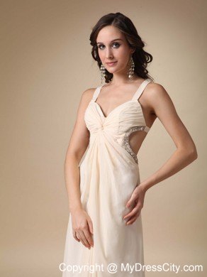 Straps Chiffon Beading Ruche Cut Out Waist Prom Dress