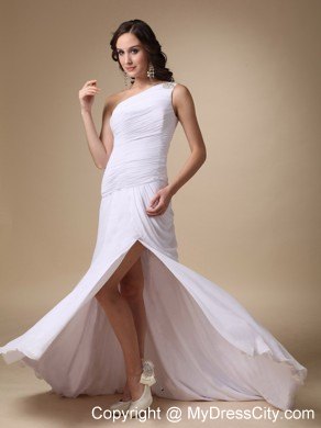 Pure Ruching Asymmetrical Shoulder prom Dress with Slit