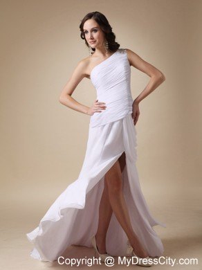 Pure Ruching Asymmetrical Shoulder prom Dress with Slit