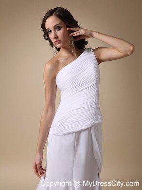 Pure Ruching Asymmetrical Shoulder prom Dress with Slit