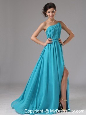 Auqa Blue Single Shoulder Ruching High Slit Dress for Prom