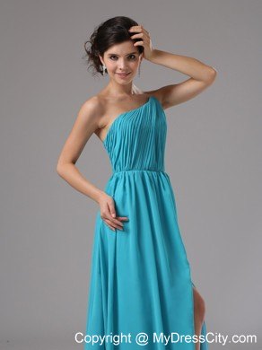 Auqa Blue Single Shoulder Ruching High Slit Dress for Prom