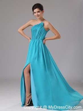 Auqa Blue Single Shoulder Ruching High Slit Dress for Prom